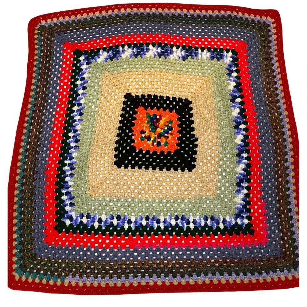 Vintage‎ Handmade Granny Square Blanket Throw 45x45 Multicolor Crochet Boho